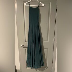 Green Lulu’s backless floor length gown